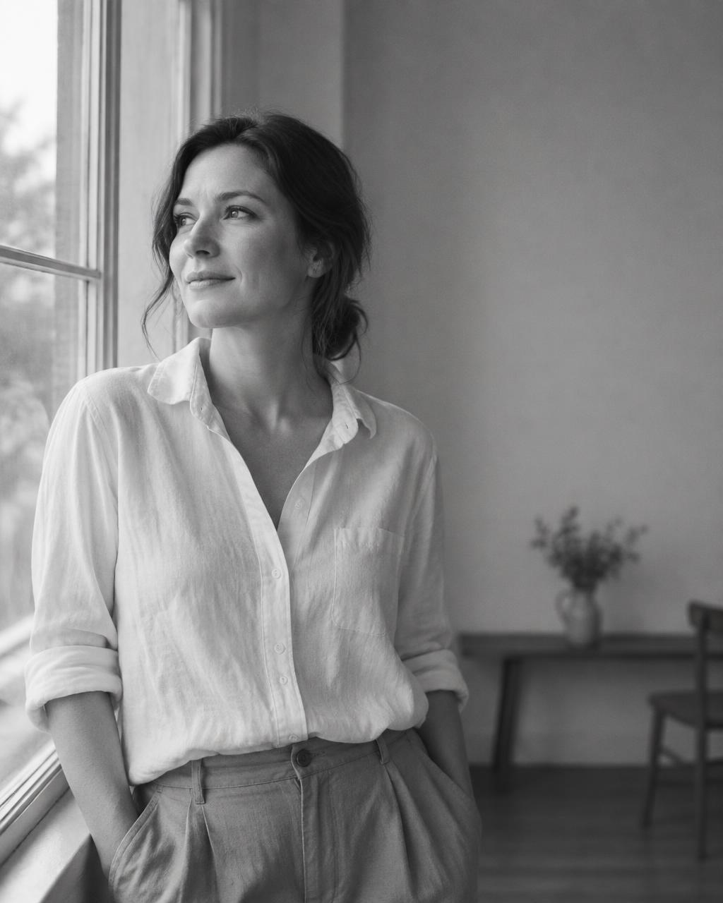 A woman standing by a window in soft daylight, looking out calmly